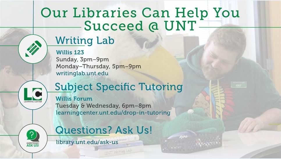 UNTWritingCtr's tweet photo. Have you seen @UNT_Libraries new ad about @UNTWritingLab & #LearningCenter services at #WillisLibrary? https://t.co/iCFCuoaTlD