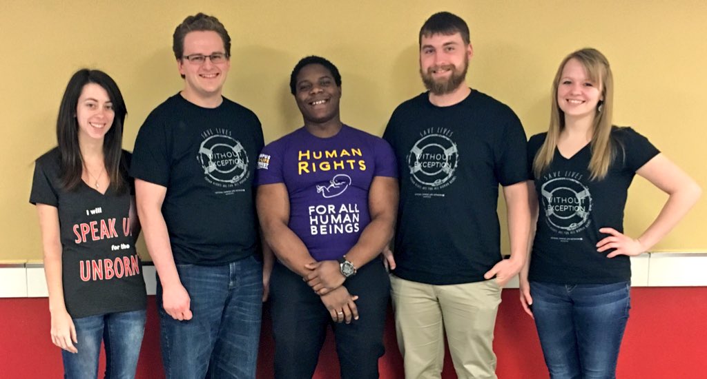 bustudents4life's tweet photo. Pro-life t-shirt day on campus today!! #prolife @NCLN #spreadingtruth https://t.co/HcmNQdToJP