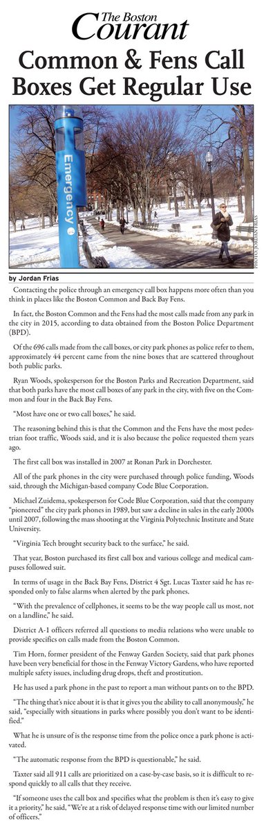 Sneak peek at tomorrow's issue: people do use call boxes in parks, especially on the Common &amp; in the Fens.