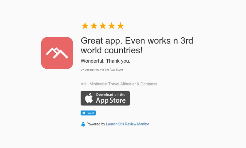 MonkeyTheorem's tweet image. 5 Star Review: "Great app. Even works n 3rd world countries!: Wonderful. Thank you." launchkit.io/reviews/Ooot--…