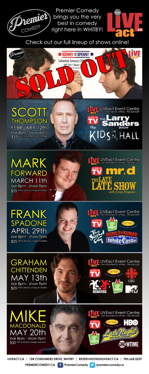 LiveActCa's tweet photo. @kennyhotz vs @Spenny is #SOLDOUT Don't miss another @PremierComedyCA show! https://t.co/pgLpE2Hdgc #coomedy #whitby https://t.co/VWiPYO5TWQ