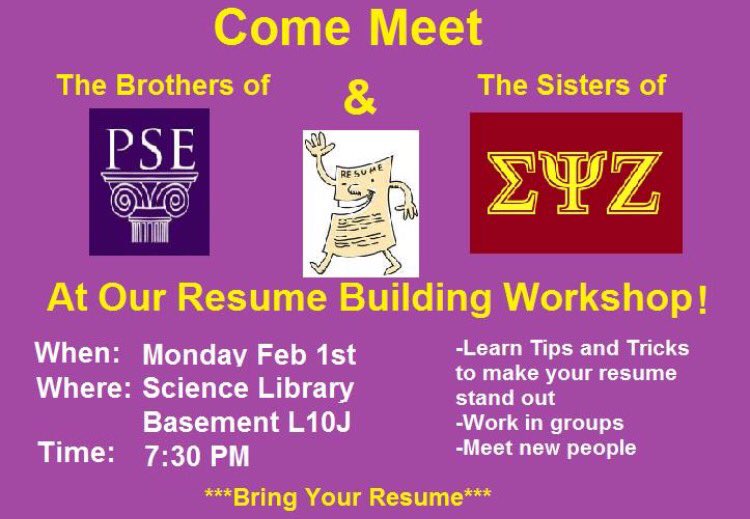 UAlbanyPSE's tweet photo. Having trouble with your resume? Come out as the brothers of ΠΣΕ and sisters of ΣΨΖ help show you how to stand out! https://t.co/hPE22jkR6K