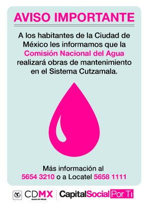 TrabajoCDMX's tweet photo. Del 28 de enero al 6 de febrero habrá corte al sumnistro de agua en #CDMX por obras de mantenimiento en #Cutzamala https://t.co/ogSPEI9Kmj