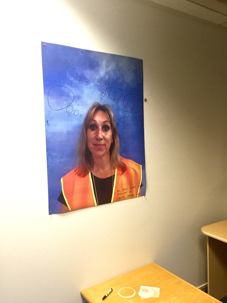 suzimcalpine's tweet photo. When yr office buddies go cray cray & print a life sized poster of u for "employee of the month" #officeshennanigans https://t.co/V6RbflkeUe
