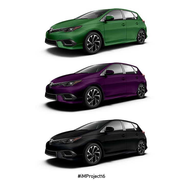 ScionCanada's tweet photo. What colour would you pick for #iMProject16? Matte Metallic Emerald, Cyber Grape, or Matte Black? Let us know! https://t.co/U9cwdcnY7O