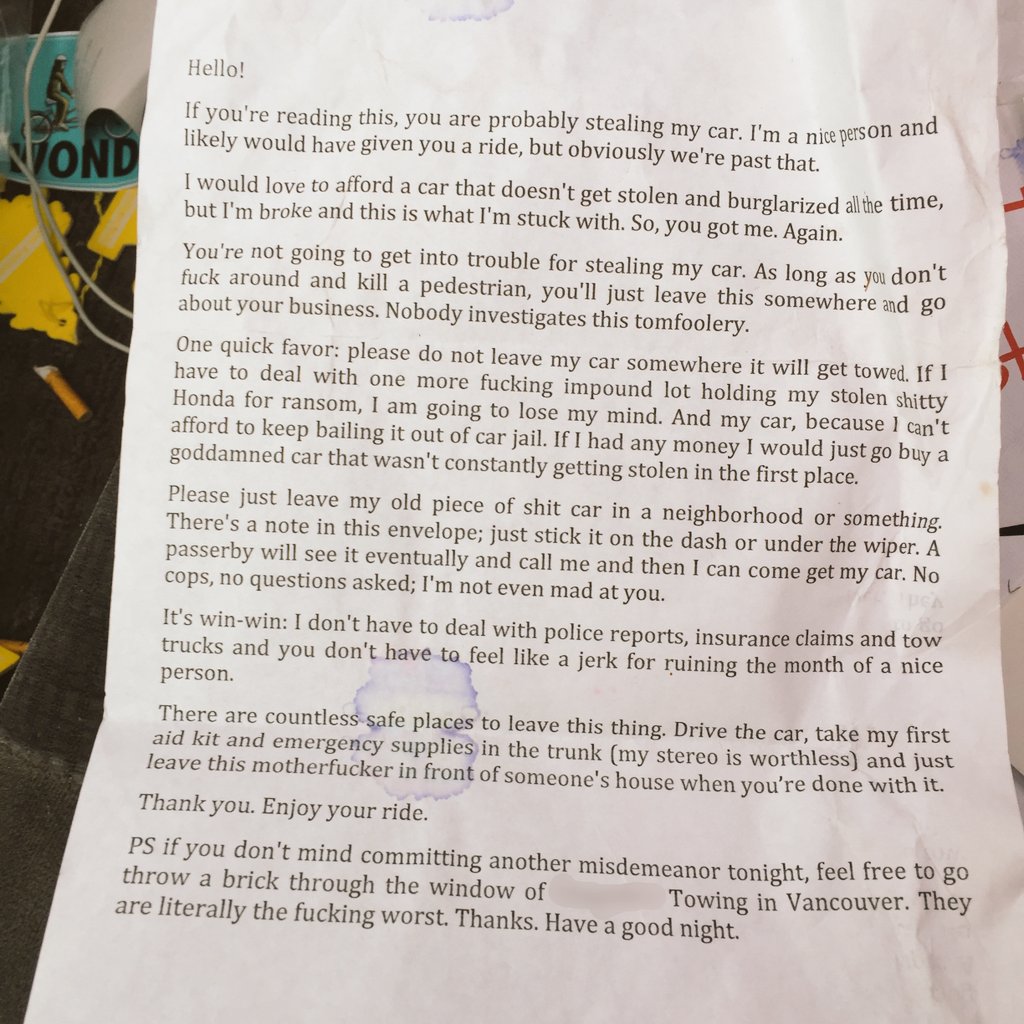 basikunionbeatz's tweet image. A GUY LEFT A NOTE IN HIS GLOVE BOX IN CASE HIS CAR GOT STOLEN. IT ACTUALLY WORKED. softquotesforyou.blogspot.com/2016/01/a-guy-…