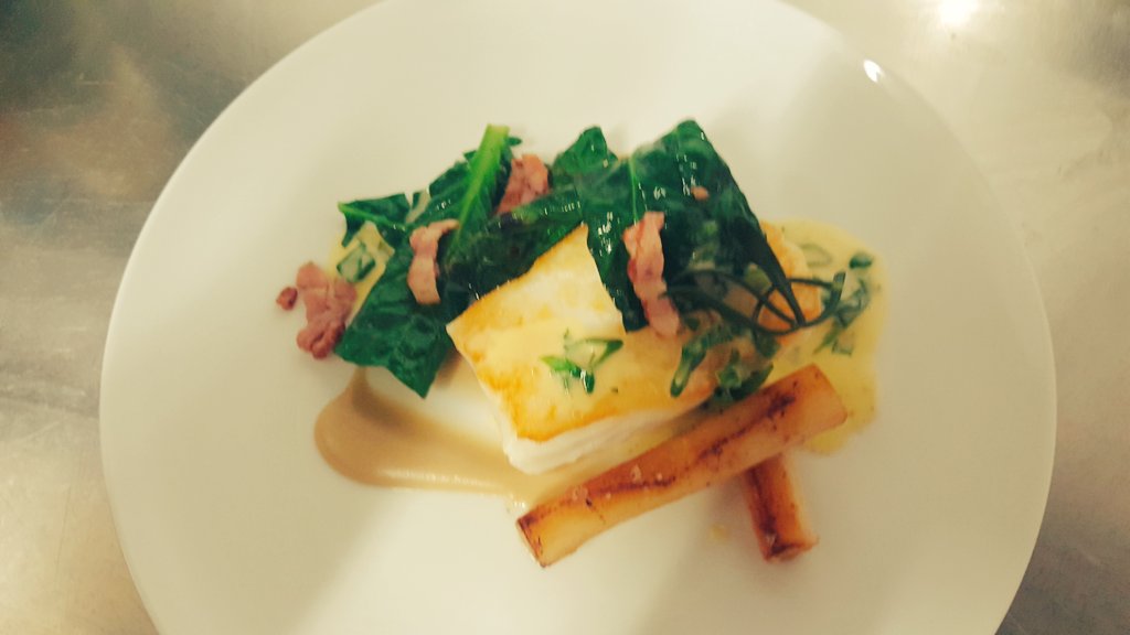 chefjameskelly's tweet photo. Salted cod loin, chestnut puree, sprout tops, salsify &amp; bacon @HollandSt #FOTD https://t.co/ShkKVStpN8