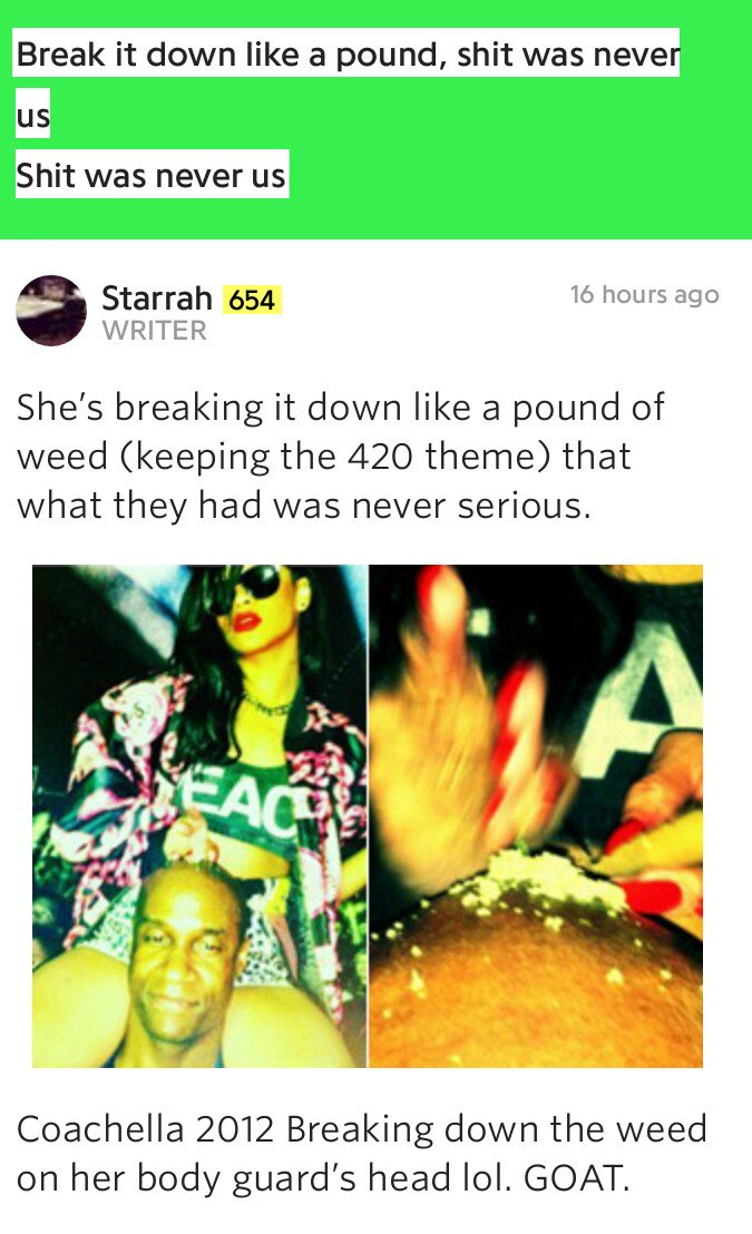 RandBGenius's tweet image. The wonderful @iStarrah who co-wrote @rihanna's "Needed Me" dropped some bomb annotations.
genius.com/Rihanna-needed…