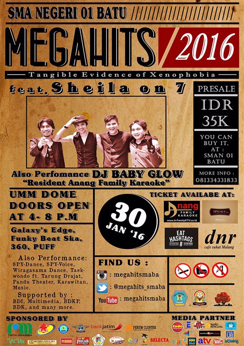 eventmalang's tweet photo. #Megahits2016 @MEGAHITS_SMABA w/ @sheilaon7 | 30 Jan'16 At Dome UMM | https://t.co/z74SS6WvYO / 0813 3433 1833 https://t.co/QCzpiPzbDX