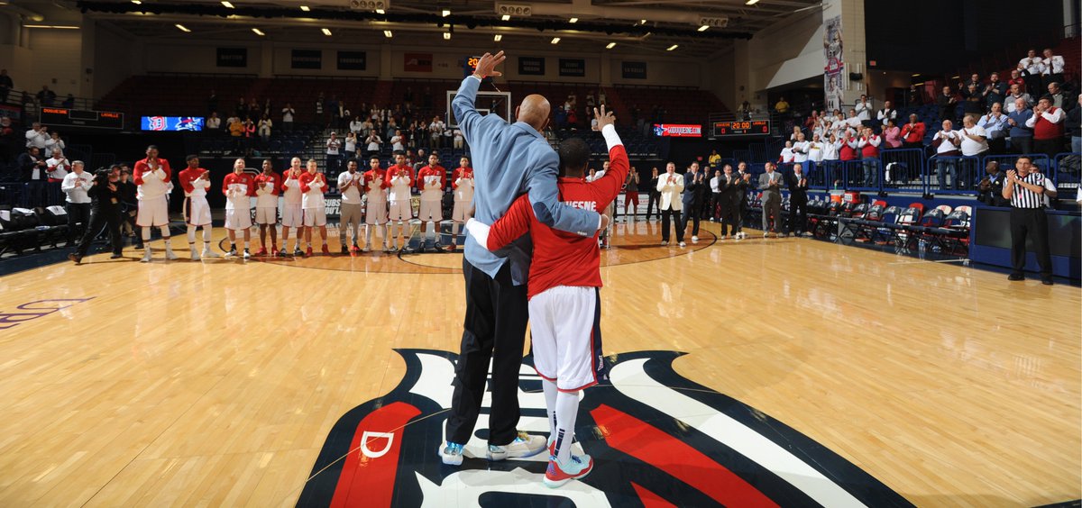 DuqMBB's tweet photo. REAL adversity.

#DUQMBB cancer survivors @BigJohnRhodes and @dcolter1 honored before our @CoachesvsCancer game. https://t.co/JmgrwnGmNN