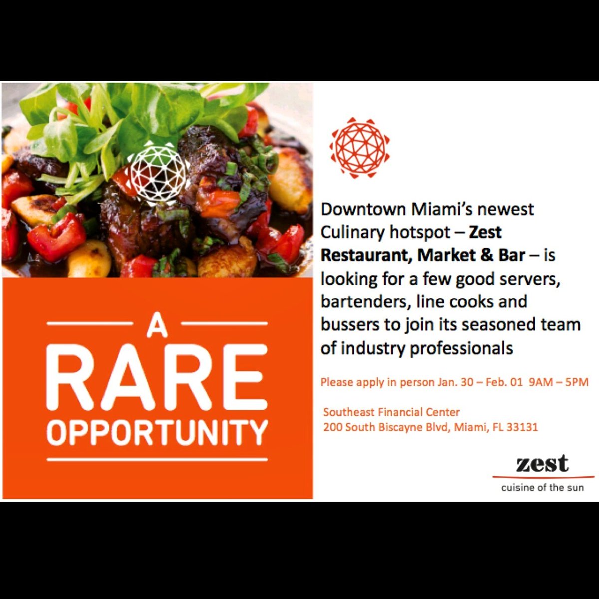 ZestMiami's tweet photo. This weekend apply in person @ZestMiami 200 S. Biscayne Blvd, Downtown, Miami - looking for hospitality's best! https://t.co/5lnmfktR0f
