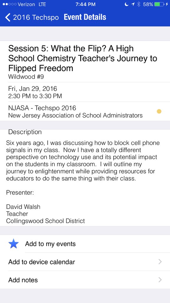 collsphysistry's tweet photo. If anyone @NJASANews #techspo16 is around in the afternoon, check out my #fliptechspo session. I'm excited! https://t.co/OtSjRJkvFT