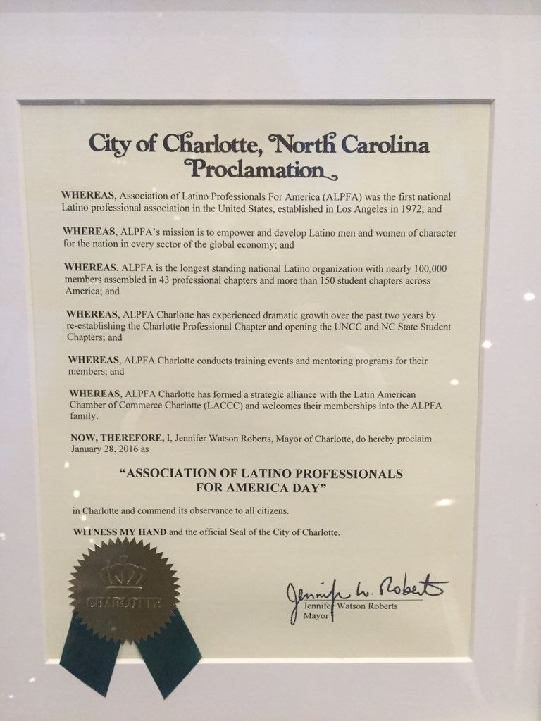 ALPFACharlotte's tweet photo. @CLTgov proclaims Jan. 28th ALPFA day! #ALPFA #ALPFACLT https://t.co/30zYMnfTFa