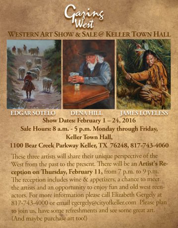 "Gazing West" next art/sale in Keller, 2/11. Catering is by Dickeys  &amp; wine is sponsored by El Wine château.