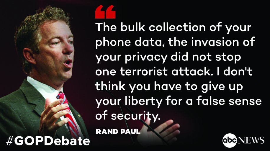 ABC's tweet image. Rand Paul: "I don't think you have to give up your liberty for a false sense of security." #GOPDebate