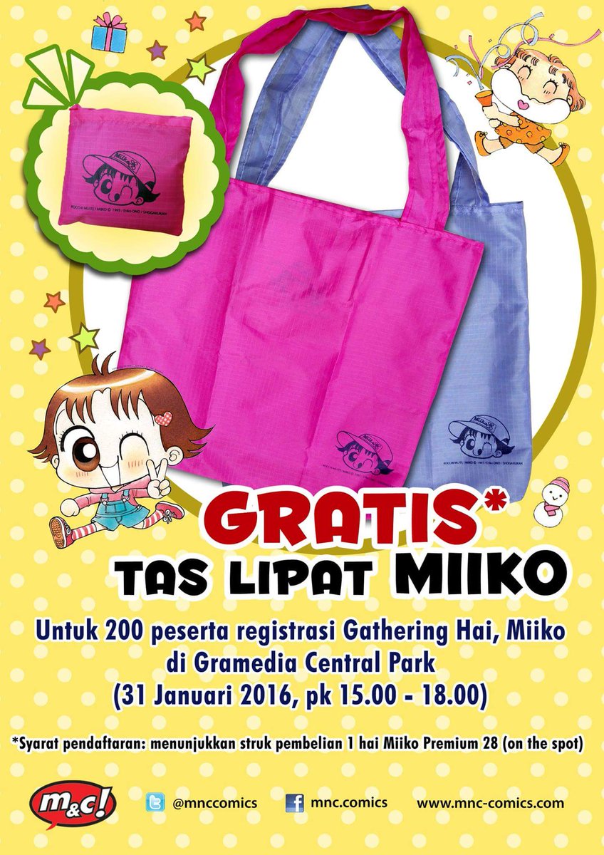 Penerbitmnc's tweet photo. Siapa mau tas lipat lucu ini? Yuk beli #HaiMiiko28Premium di @gramediaCP tgl 31 Januari nanti #GatheringMiiko https://t.co/XStnoPgXYY