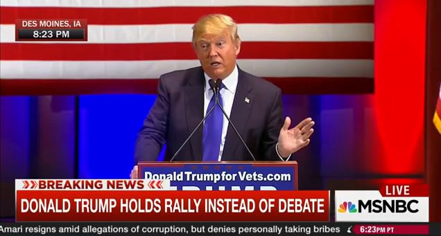 MSNOWNews's tweet image. .@realDonaldTrump claims he's raised over $5,000,000 for vets in one day. Watch live: on.msnbc.com/1WQA0mN