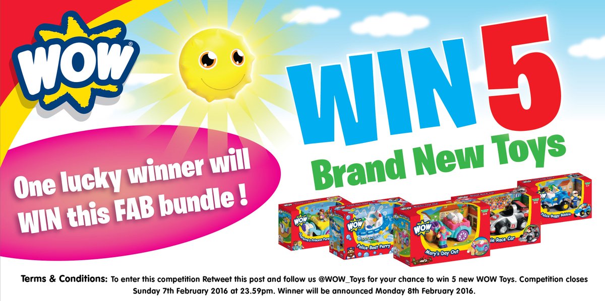 WOW_Toys's tweet photo. #competition time! One lucky winner will win 5 of our brand new toys. RT this post  and follow @WOW_Toys to enter! https://t.co/AmyOZbFhk3