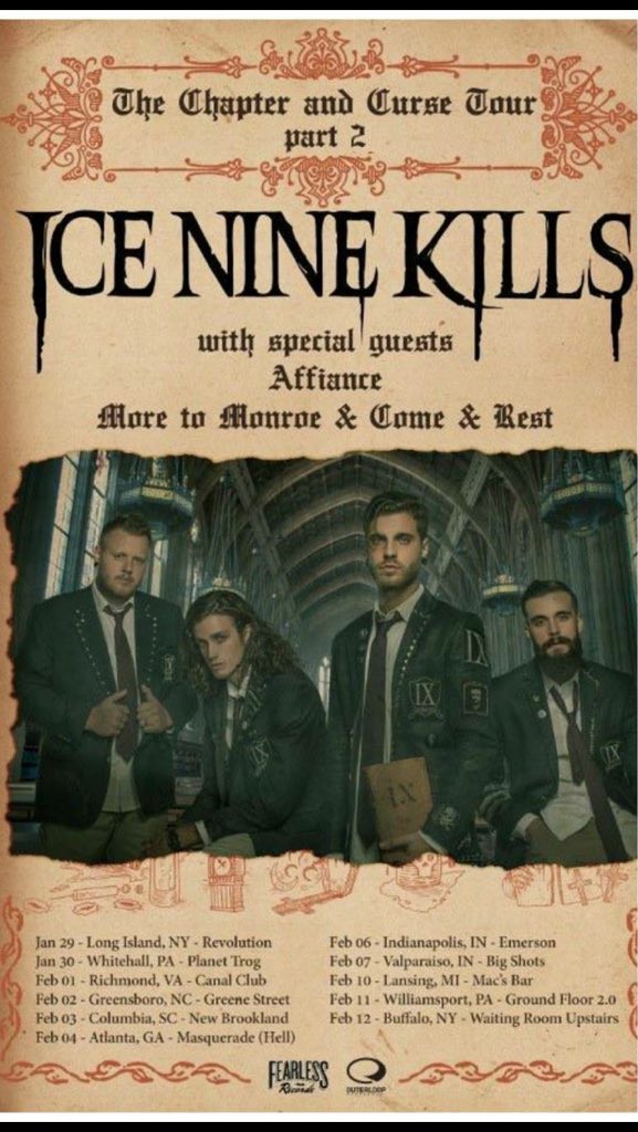 conqkirb's tweet photo. And it begins. #iceninekills #chapterandcursetour #affiance #comeandrest #moretomonroe @FeedTheBeat feed us! https://t.co/cwaiPJefPm