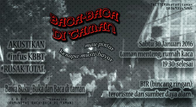 #baca2ditaman|30 jan 2016|akustikan <a href="/InfusKbbt/">infus kbbt</a>  <a href="/RusakTotalPunk/">RUSAK TOTAL</a> &amp; BIR :BIncang Ringan