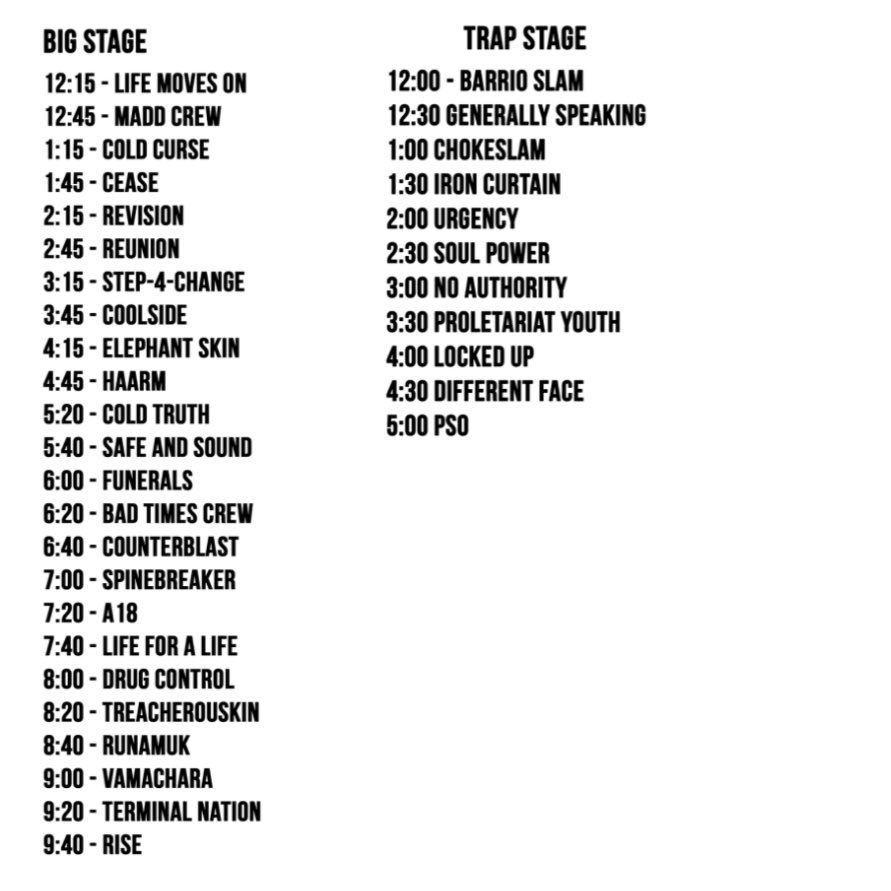 Set times for Saturday.