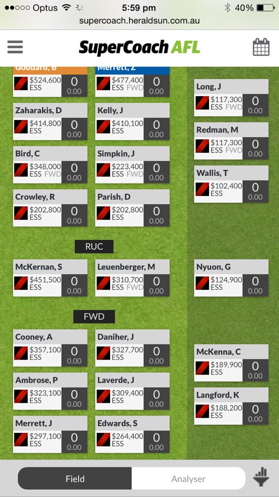 Mickw1807's tweet image. First go at my SuperCoach team. Looking a little light on this year!! 😳 #jokes #sarcasm #TimeToGetSerious