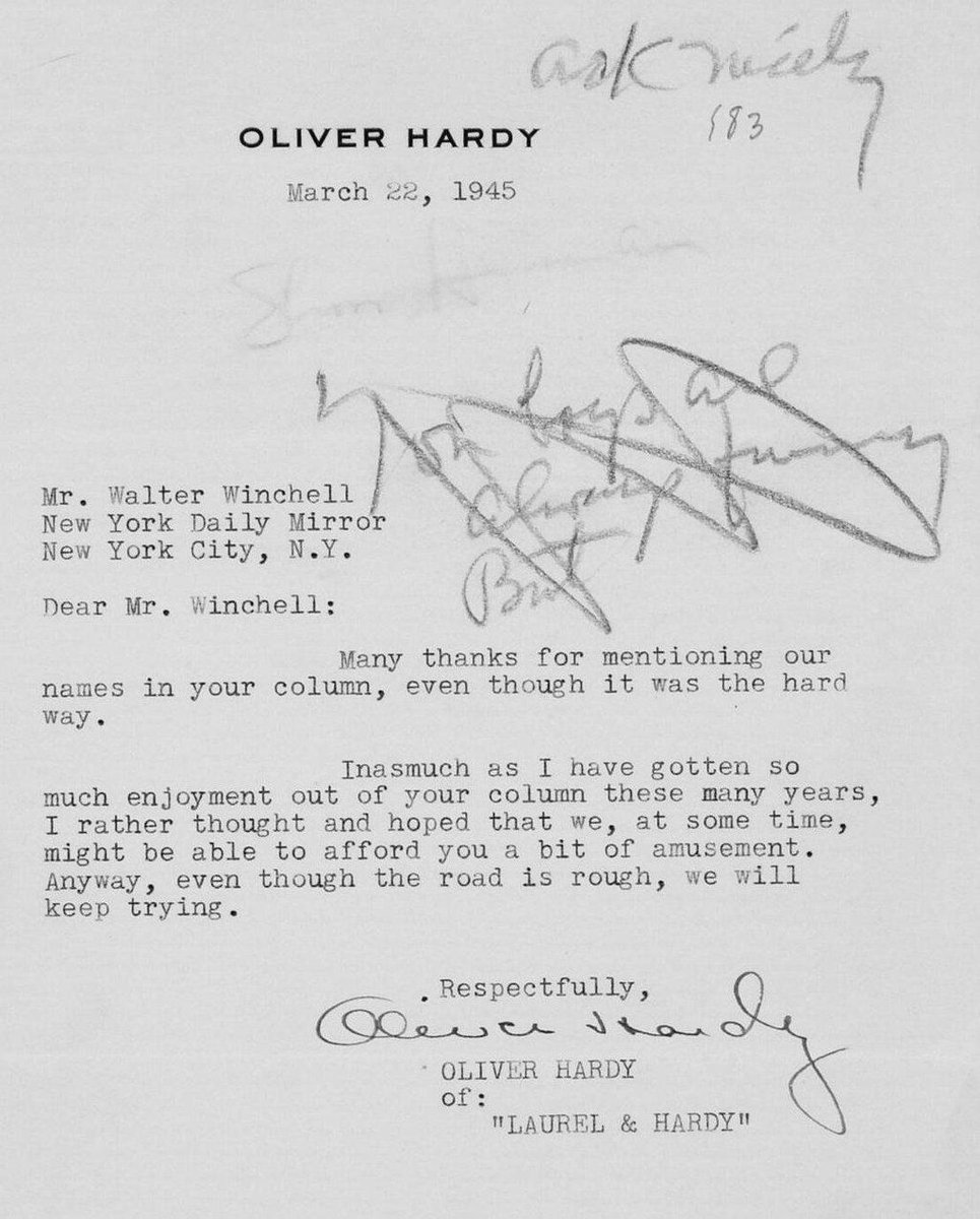 Stan_And_Ollie's tweet photo. 1945 - Oliver Hardys' polite letter to gossip columnist Walter Winchell after a scathing review.  #LaurelAndHardy #RememberingOliverHardy #StanAndOllie  https://t.co/IS6ZhBwCrS
