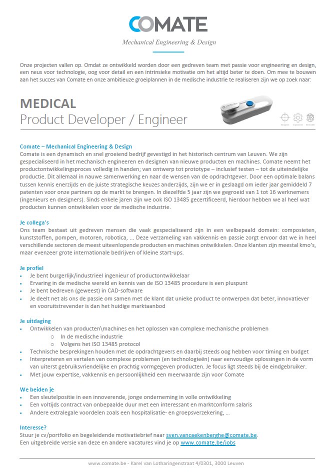 ComateEngineers's tweet image. #Comate zoekt een #Medisch #Productontwikkelaar #Ingenieur #BEjobs Bedankt voor RT! comate.be/jobs