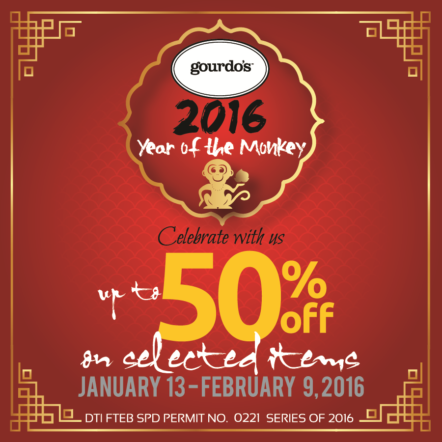 gourdos's tweet photo. Celebrate #YearOfTheMonkey w/ us. Enjoy up to 50% off on selected items from Jan. 13-Feb. 9, 2016. #OhMyGourdos! https://t.co/GhrhEbifjt