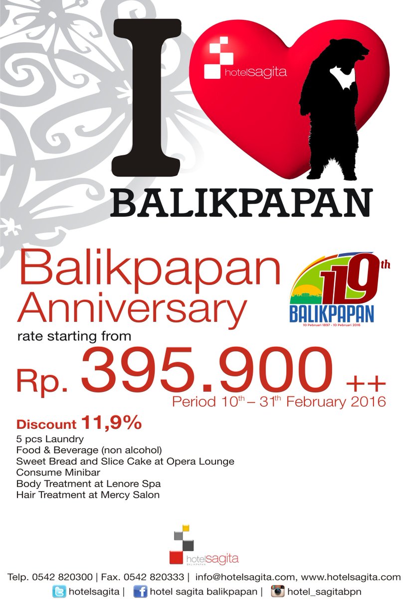 Menyambut HUT <a href="/KotaBalikpapan/">BALIKPAPAN</a>, <a href="/hotelsagita/">hotel sagita</a> lagi ngasih promo nih, harga kamar mulai dari 395ribu sob!