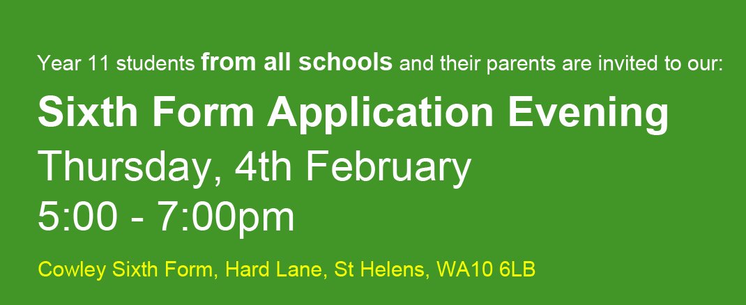 CowleySixthForm's tweet photo. Come along to discuss A Level + BTEC courses, entrance requirements and course suitability. A must for all Y11 https://t.co/h0SPFOgv5w