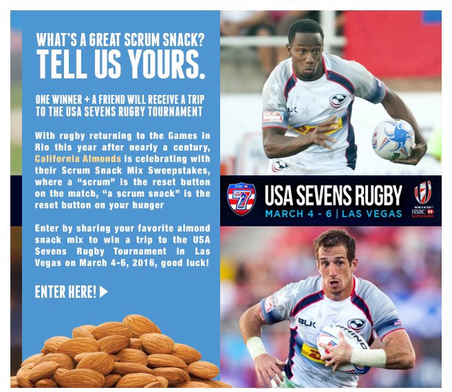 USA Sevens Rugby (@usasevensrugby) on Twitter photo Enter the California <a href="/Almonds/">California Almonds</a> Scrum Snack Mix Sweepstakes & win a trip to the USA 7's: ow.ly/WD4dM Enter the California <a href="/Almonds/">California Almonds</a> Scrum Snack Mix Sweepstakes & win a trip to the USA 7's: ow.ly/WD4dM