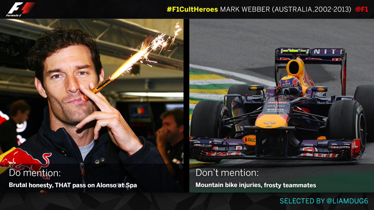 F1's tweet image. The latest of YOUR #F1CultHeroes is @AussieGrit - nominated by @liamdug6 

Who is yours? Tell us using the hashtag!