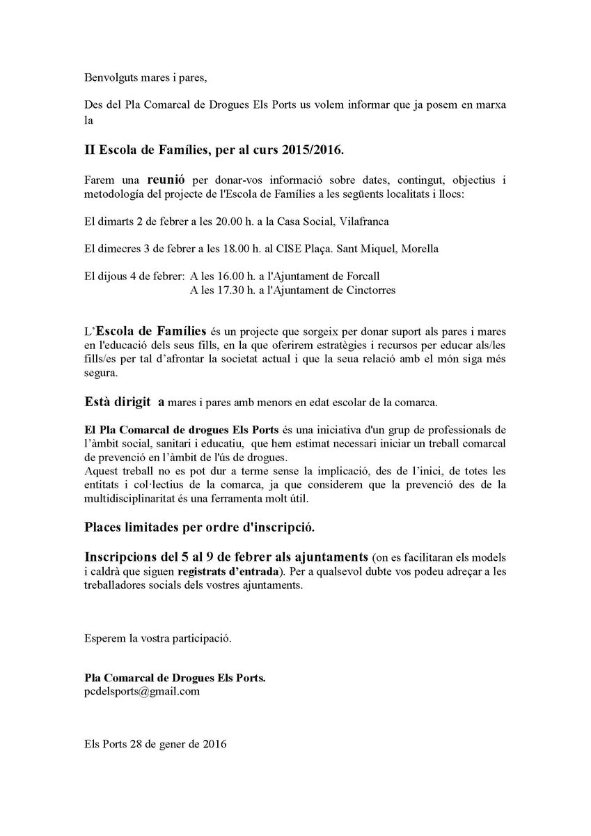 Escola de Famíles. Pares, mares, xiquets, joves...Es per a vosaltres