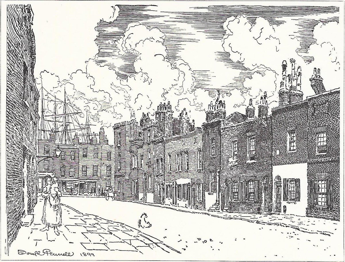 <a href="/LoveLimehouse/">Limehouse</a> antique print of Wade Street, Limehouse, published 1902. Note ships' masts over tops of the houses.