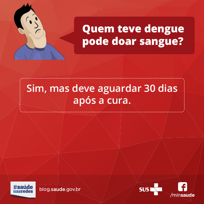 Quem teve dengue clássica deve aguardar 30 dias após a cura para realizar a doação de sangue. #doesangue