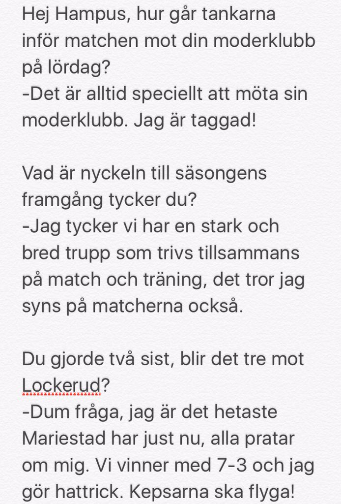 skoghallsibk's tweet photo. Hampus tycker till om matchen mot @Lockerudherr imorgon. Han är het @MTnyheter . https://t.co/7y99kTw4rJ