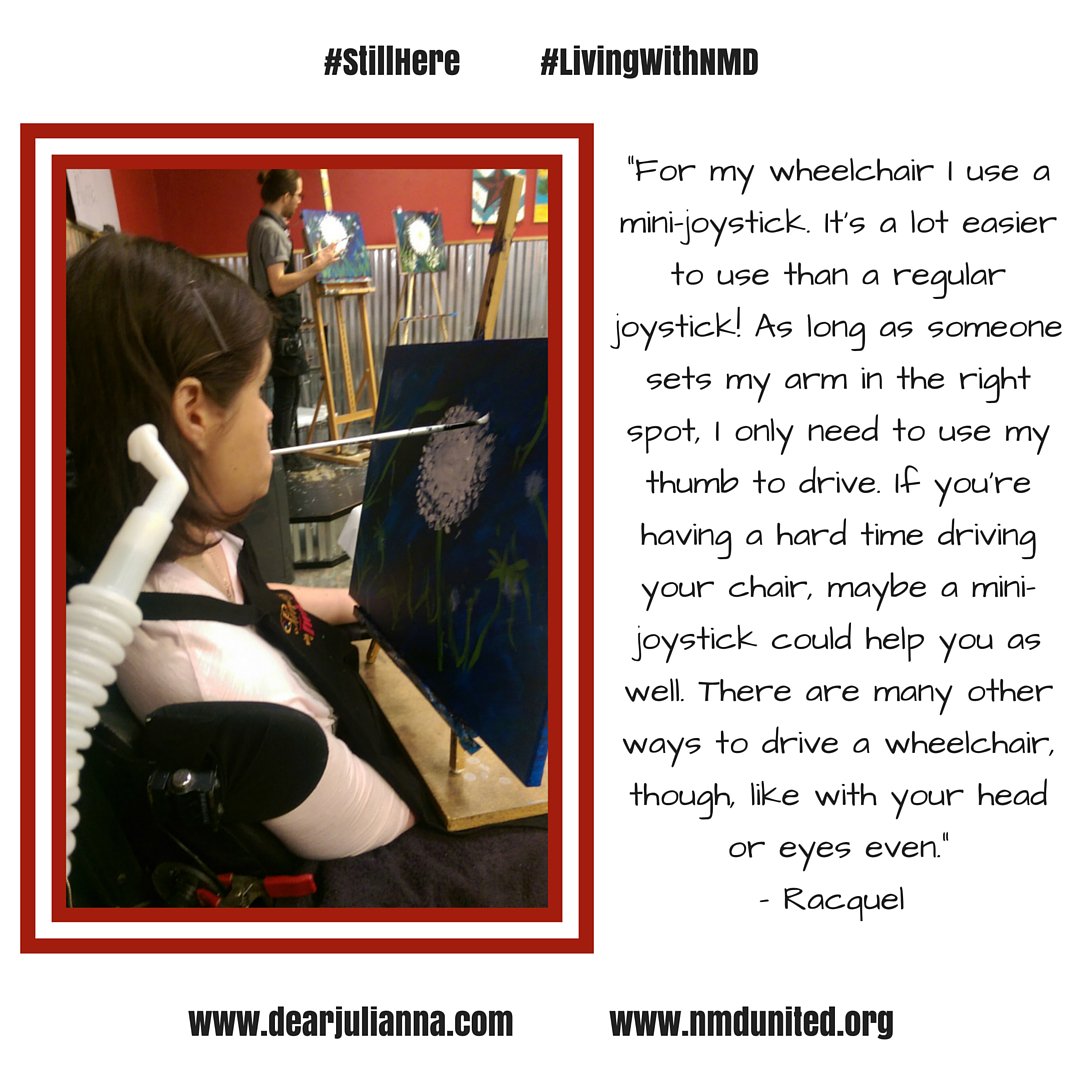 DearJulianna's tweet photo. Racquel paints w/ her mouth &amp; drives her chair w/ just her thumb! https://t.co/quKjN8XmRS #stillhere #livingwithnmd https://t.co/mMs6c8NVUF