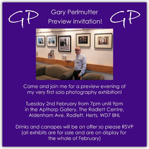 <a href="/garyperlmutter/">Gary Perlmutter</a> photography exhibition Tuesday in <a href="/RadlettCentre/">The Radlett Centre</a> Wishing you a great show! <a href="/Radlett_Online/">Radlett Online</a>