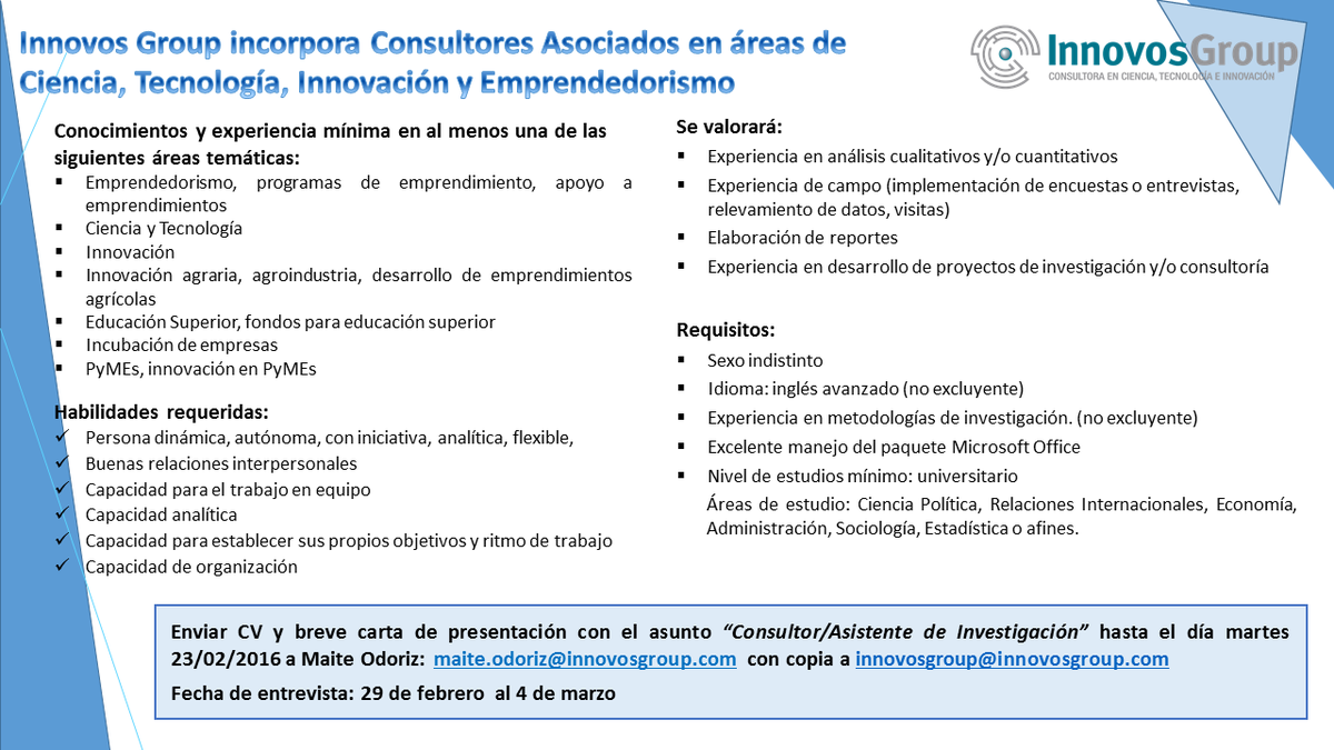 BUSCAMOS Consultores Asociados.Si te interesa el puesto y cumplís con los requisitos a continuación,envianos tu CV!!