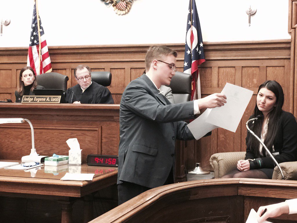 Mock trial underway with Hawken and NDCL presenting witness testimony in Judge Eugene A. Lucci's court.