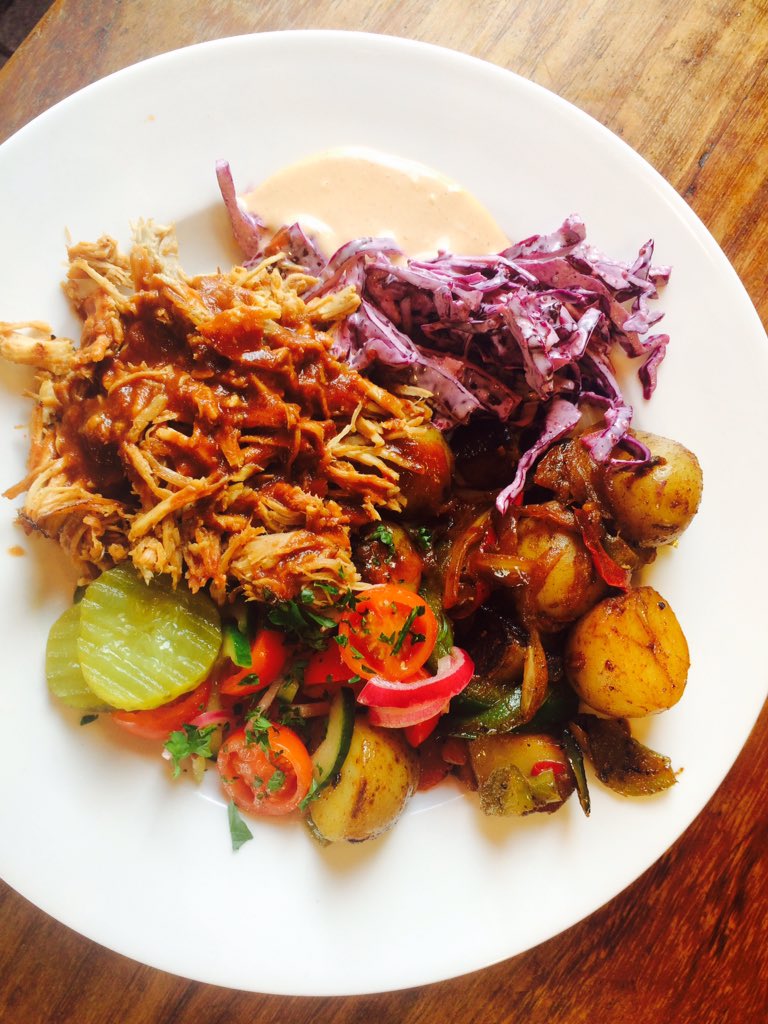 oflynnssausages's tweet photo. From our New  Menu Our Pulled Pork plate with house BBQ sauce , Fried Potatoes, Slaw, &amp; Gherkins #LunchTime #cork https://t.co/72ceAqEX5y