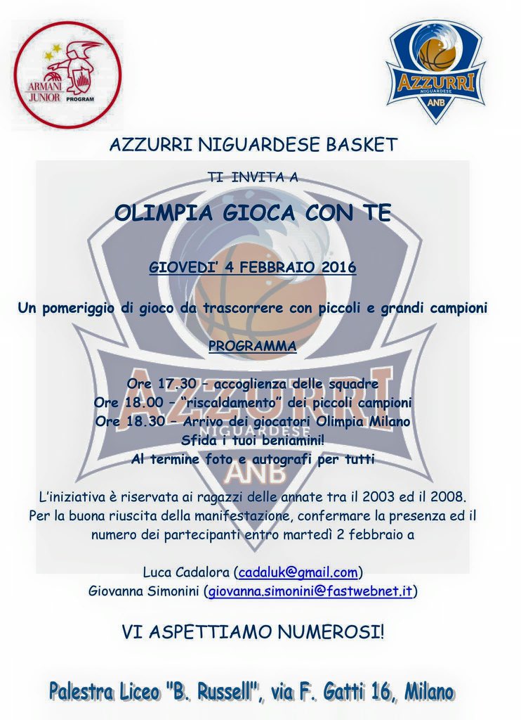 ANBasket's tweet photo. #OlimpiaGiocaConTe @OlimpiaEA7Mi #AzzurriNiguardeseBasket #AzzurriNiguardese 🏀🏀🏀 giovedì 4 dalle 17.30 https://t.co/gvv49Eq42H