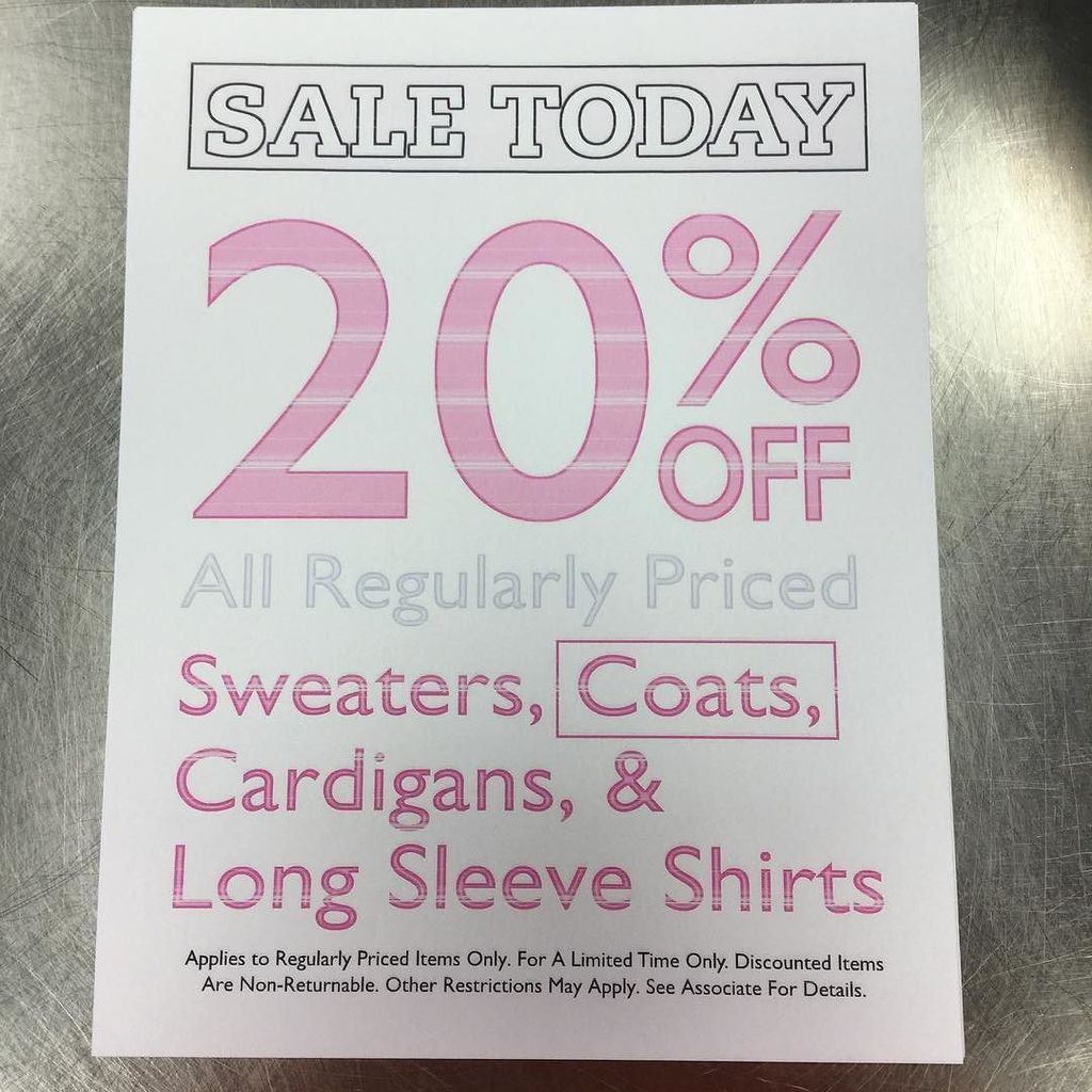 platosrey's tweet photo. SALE TODAY! All coats, sweaters, and long sleeve tops are 20% off! Come in and shop our great winter selection! #pc… https://t.co/y9e88ClVxd