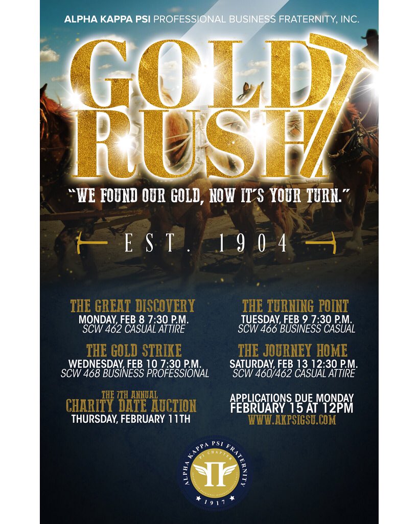 FlyPi_AKPsi's tweet photo. Find your gold this Spring. Rush ΑΚΨ. 💰💼⛏#TheGoldRush #AKPsi #FlyPi #RushAKPsi https://t.co/tSV0Wvas7W