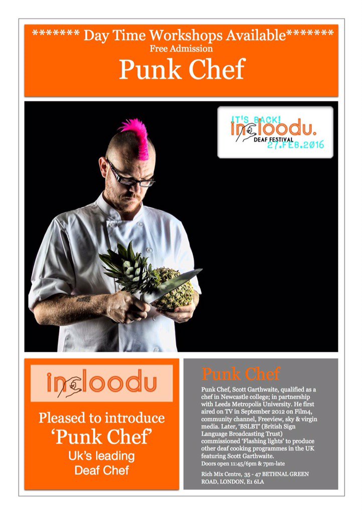 Mazzyjane's tweet photo. At @incloodu festival this year we have the amazing #PunkChef Daytime workshop available #deaf https://t.co/pJ4H97zr2A