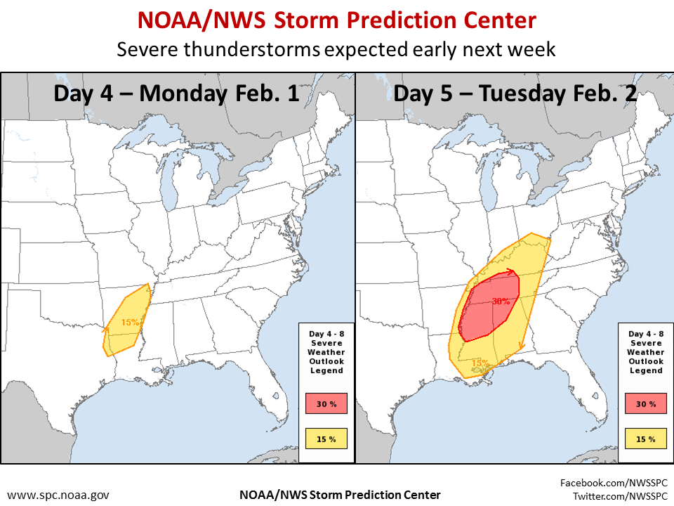 SeverePlains's tweet photo. Severe weather expected next week (Feb 1-2, 2016) over Mississippi Valley and Southeast. SPC Outlooks: https://t.co/uUNKU3mWwM