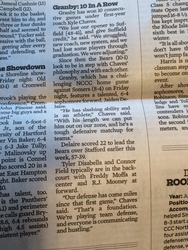 GranbySports's tweet photo. Big news in today's Hartford Courant for our 10-1 Bears. Be there tonight for a big matchup vs Somers. #beachedout https://t.co/mRl0hqbK8m