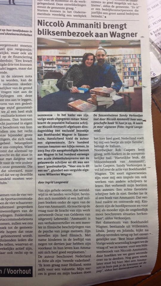 Tijdens z'n bezoek aan Nederland signeerde <a href="/Ammaniti_NL/">Niccolò Ammaniti</a> alleen bij  <a href="/tweetwagner/">Boekhandel Wagner</a>. Het <a href="/leidschdagblad/">Leidsch Dagblad</a> deed verslag.