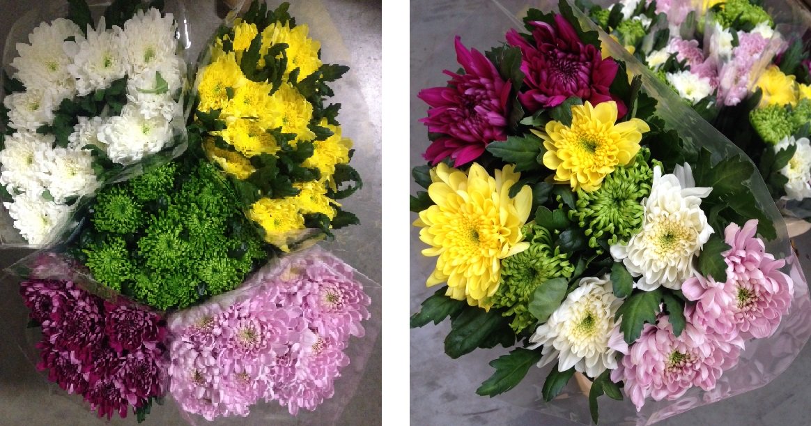 op verzoek.. maandag geplozen chrysant gemengd in FUST ipv bos #bloemistenklok (NLD klok wel gemengd in bos)